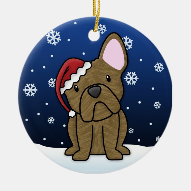 Kawaii Cartoon Brindle French Bulldog Christmas Ceramic Ornament (Front)