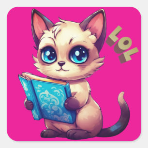 Kawaii cartoon cat reading a book  square sticker