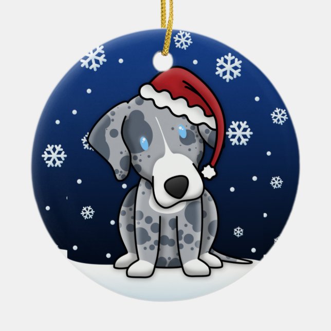 Kawaii Cartoon Catahoula Leopard Dog Christmas Ceramic Ornament (Front)
