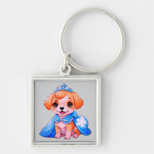 Kawaii cartoon Dog in blue dress and tiara  Keychain