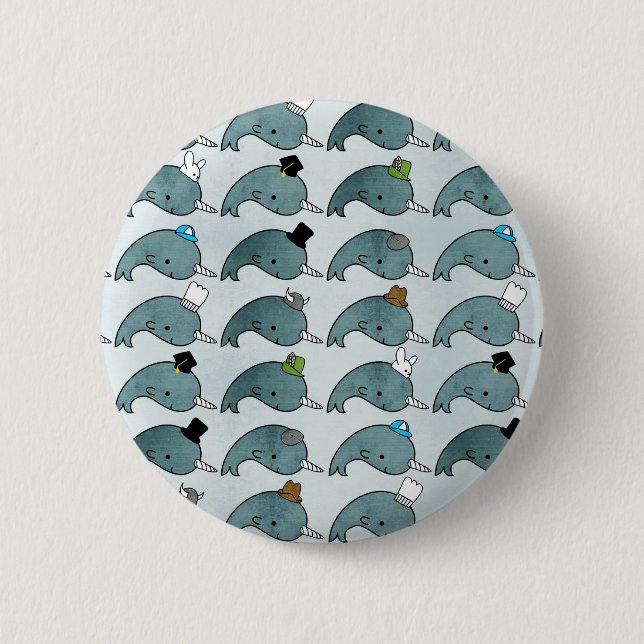 Kawaii Cartoon Grunge Narwhals with hats Button (Front)