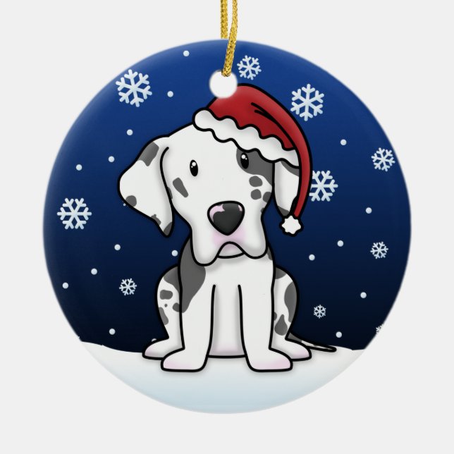Kawaii Cartoon Harlequin Great Dane Christmas Ceramic Ornament (Front)