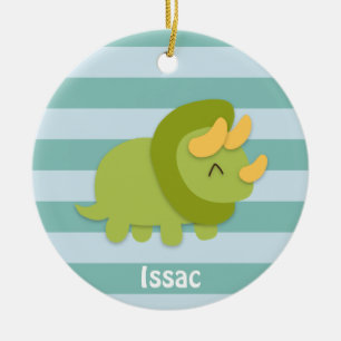 Kawaii cartoon of green and yellow Triceratops Ceramic Ornament