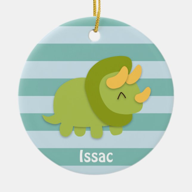 Kawaii cartoon of green and yellow Triceratops Ceramic Ornament (Front)