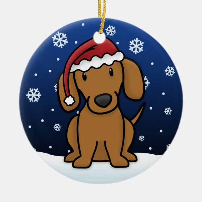 Kawaii Cartoon Red Dachshund Christmas Ceramic Ornament (Front)
