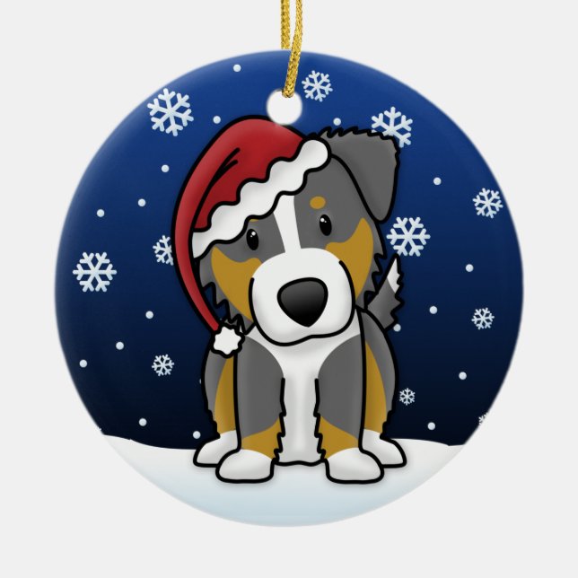 Kawaii Cartoon Tri Australian Shepherd Christmas Ceramic Ornament (Front)