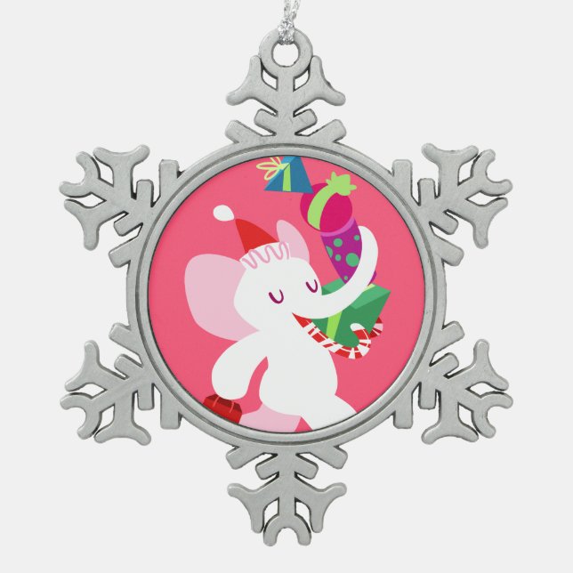 Kawaii Cartoon X-mas White Elephant Snowflake Pewter Christmas Ornament (Front)