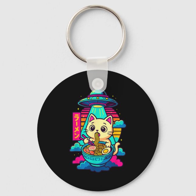 Kawaii Cat Alien Ufo Ramen Graphic Tee Funny Japan Keychain (Front)