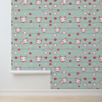 Kawaii Cat and Floral Pattern on Blue
