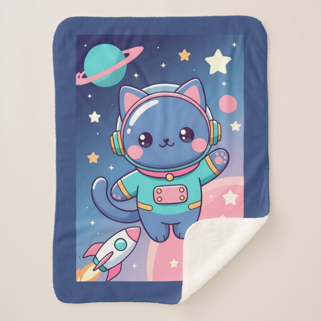 Kawaii Cat Astronaut Space Adventure  Sherpa Blanket (Front)