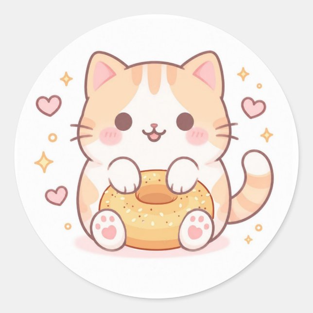 Kawaii cat bagel classic round sticker (Front)