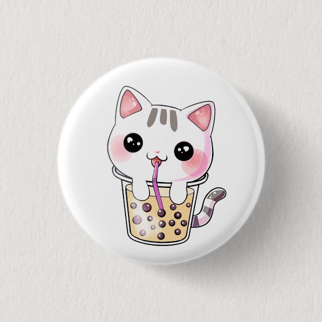 Kawaii cat bubble tea 1 inch round button (Front)