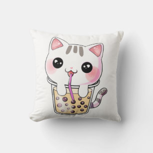 Kawaii cat bubble tea throw pillow