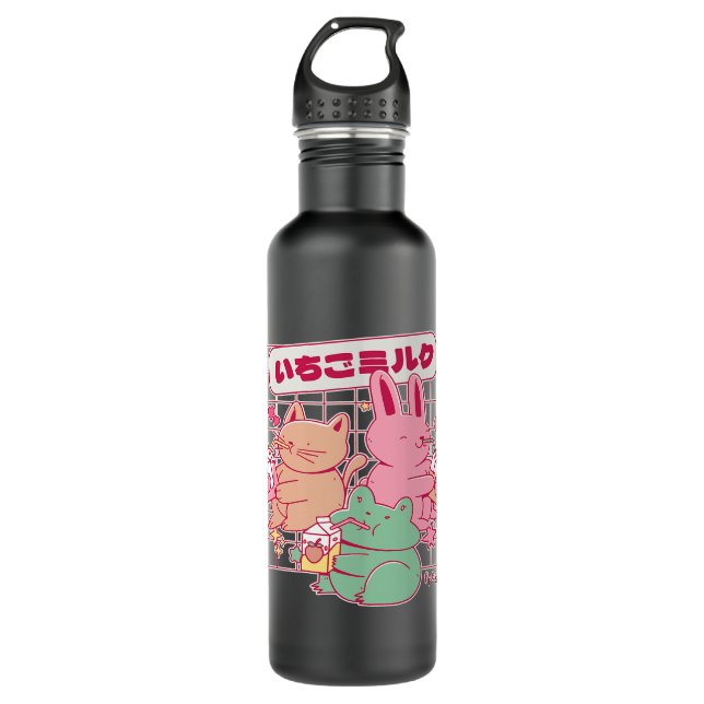 Kawaii Cat Bunny Frog Strawberry Milk 90s Japanese 710 Ml Water Bottle (Front)