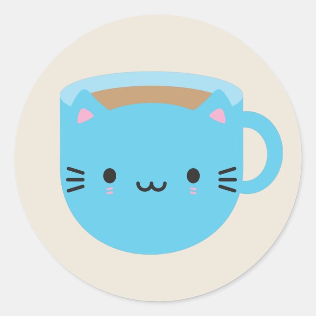Kawaii Cat Cup of Tea Classic Round Sticker (Front)