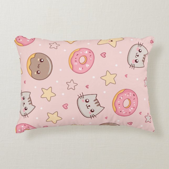 Kawaii Cat, Doughnut, and Star Pattern  Accent Pillow (Front)