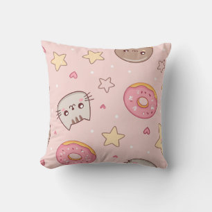 Kawaii Cat, Doughnut, and Star Pattern Throw Pillow