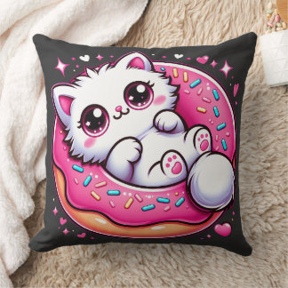 Kawaii Cat Doughnut - Anime Lover Otaku Cute Throw Throw Pillow