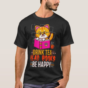 Kawaii Cat Drink Tea Read Books Happy Book T-Shirt