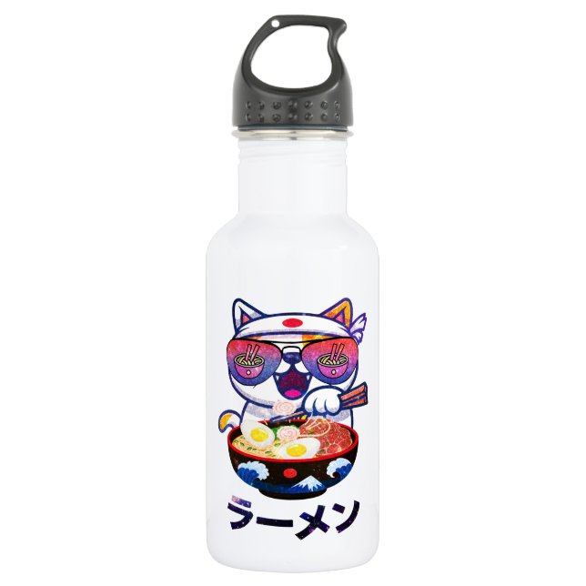 Kawaii Cat Eating Ramen – Cute Japanese Noodles 532 Ml Water Bottle (Front)