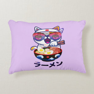 Kawaii Cat Eating Ramen – Cute Japanese Noodles Accent Pillow