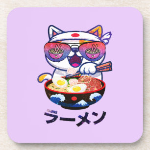 Kawaii Cat Eating Ramen – Cute Japanese Noodles Coaster