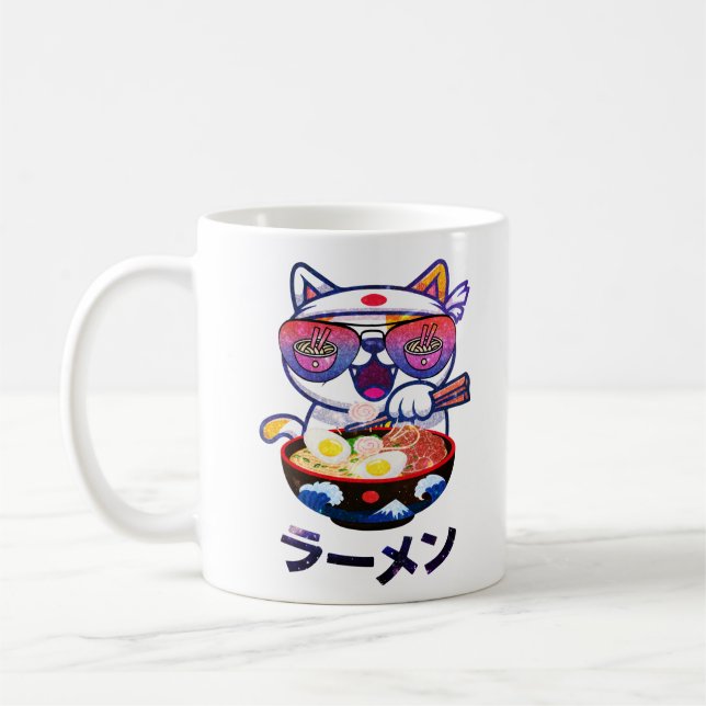 Kawaii Cat Eating Ramen – Cute Japanese Noodles Coffee Mug (Left)