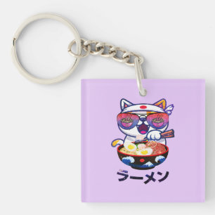 Kawaii Cat Eating Ramen – Cute Japanese Noodles Keychain