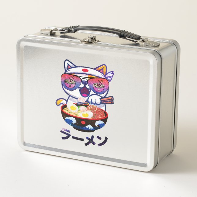 Kawaii Cat Eating Ramen – Cute Japanese Noodles Metal Lunch Box (Front)