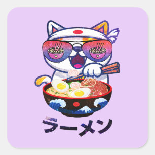 Kawaii Cat Eating Ramen – Cute Japanese Noodles Square Sticker