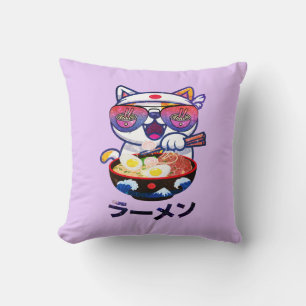 Kawaii Cat Eating Ramen – Cute Japanese Noodles Throw Pillow