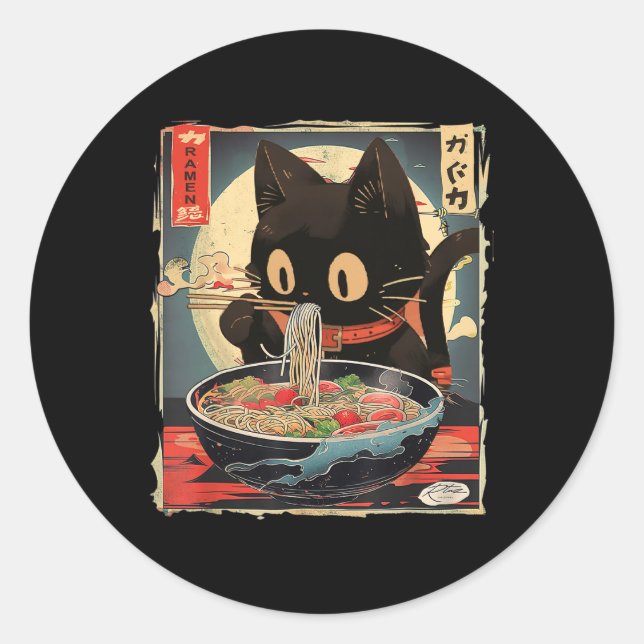 Kawaii Cat Eating Ramen Noodles Anime Gift Girls T Classic Round Sticker (Front)