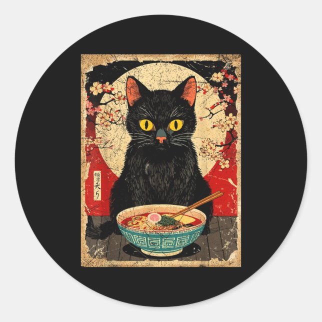 Kawaii Cat Eating Ramen Noodles Funny Anime Gift G Classic Round Sticker (Front)