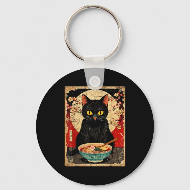 Kawaii Cat Eating Ramen Noodles Funny Anime Gift G Keychain (Front)