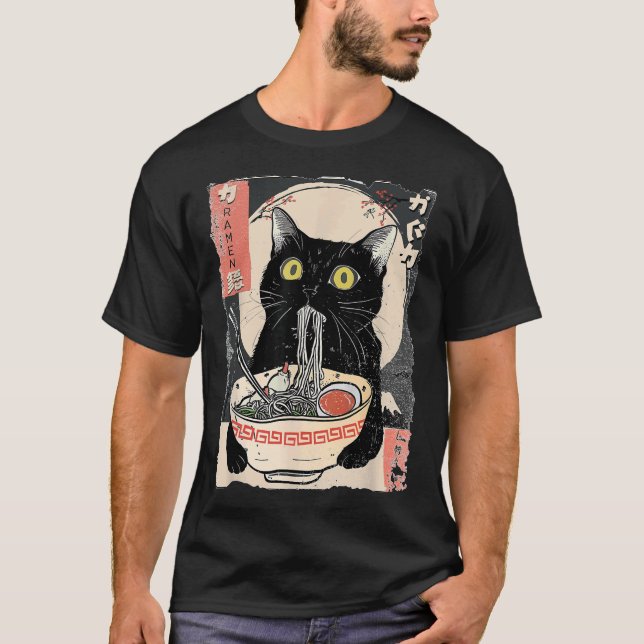 Kawaii Cat Eating Ramen Noodles Funny Anime T-Shirt (Front)