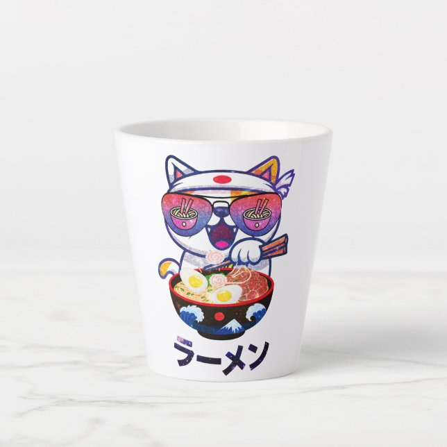 Kawaii Cat Eating Ramen Noodles Latte Mug (Front)