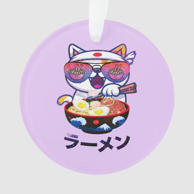 Kawaii Cat Eating Ramen Noodles Ornament (Front)