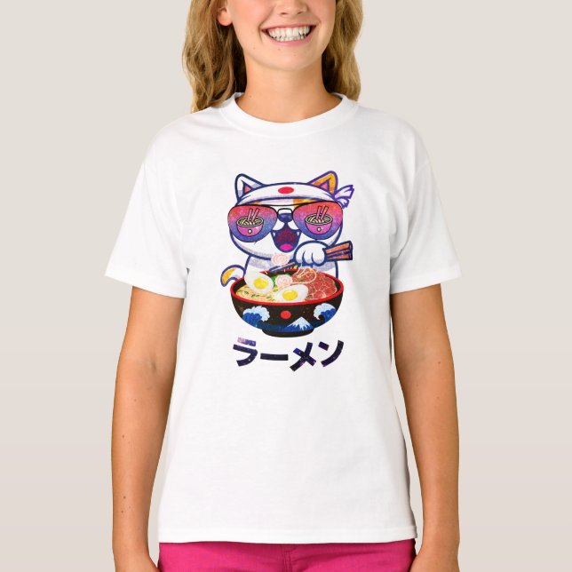 Kawaii Cat Eating Ramen Noodles T-Shirt (Front)