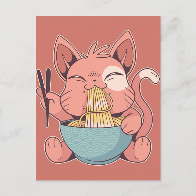 Kawaii Cat Eating Ramen Postcard (Front)