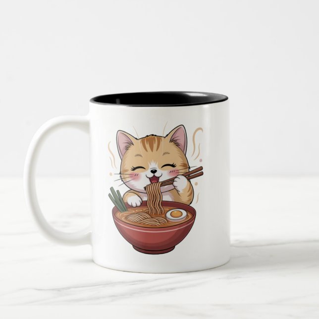 Kawaii Cat Eating Ramen Two-Tone Coffee Mug (Left)