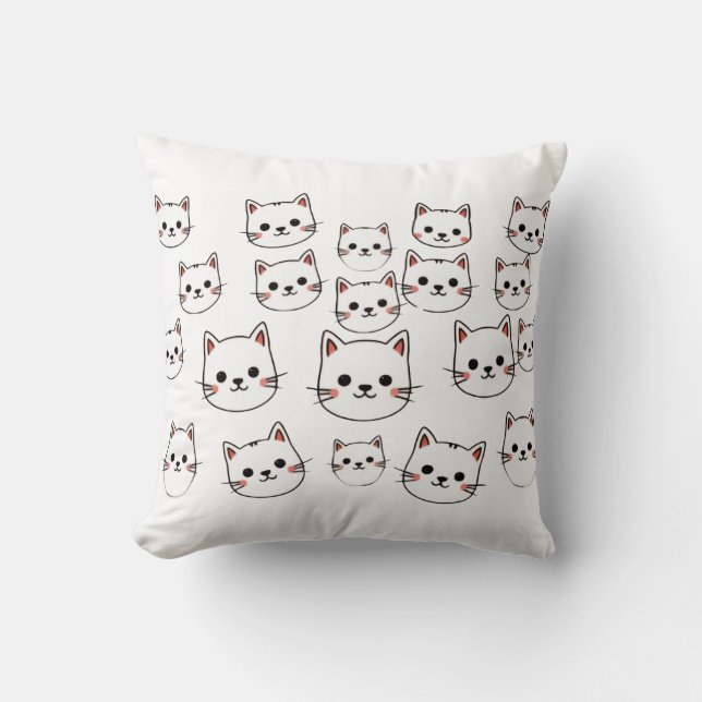 Kawaii Cat Faces – Cute Minimalist Cartoon Pattern Throw Pillow (Front)