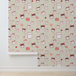 Kawaii Cat Faces Pattern with Bows & Sweets Wallpaper