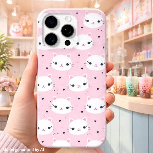 Kawaii Cat Faces with Hearts – Cute Pink Pattern iPhone 15 Pro Max Case