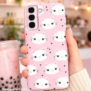 Kawaii Cat Faces with Hearts – Cute Pink Pattern Samsung Galaxy Case