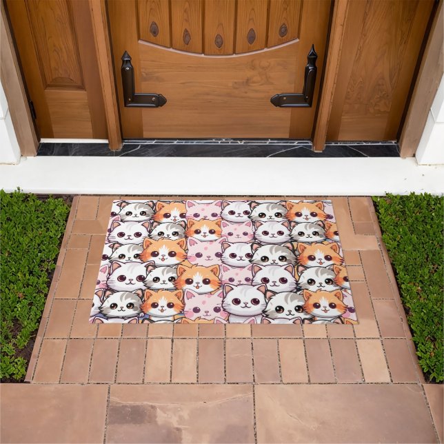 Kawaii Cat feline Kitten pet face doodle print pat Doormat (Outdoor)