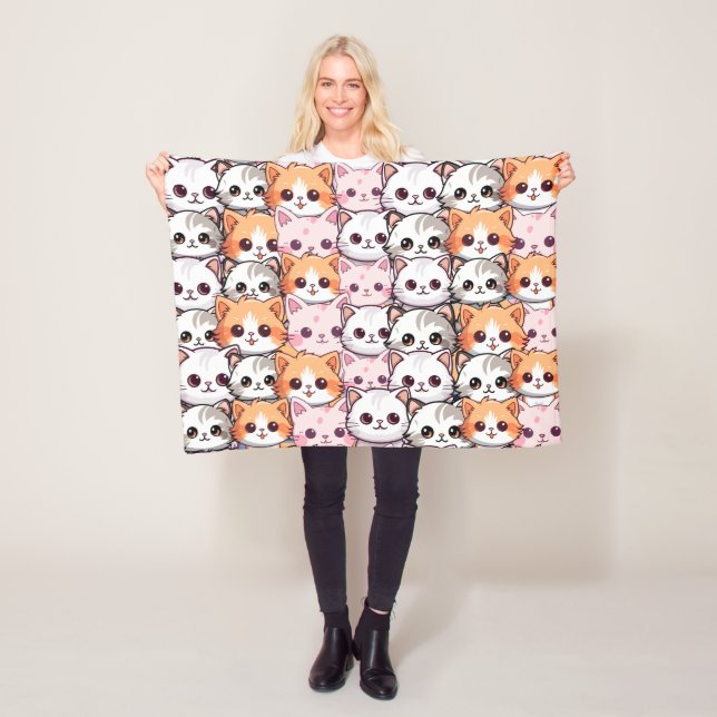 Kawaii Cat feline Kitten pet face doodle print pat Fleece Blanket (In Situ)