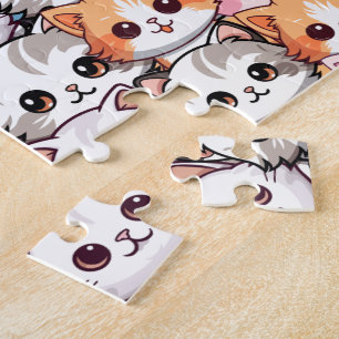Kawaii Cat feline Kitten pet face doodle print pat Jigsaw Puzzle