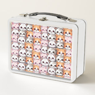 Kawaii Cat feline Kitten pet face doodle print pat Metal Lunch Box