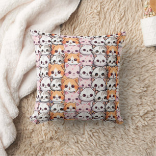 Kawaii Cat feline Kitten pet face doodle print pat Throw Pillow