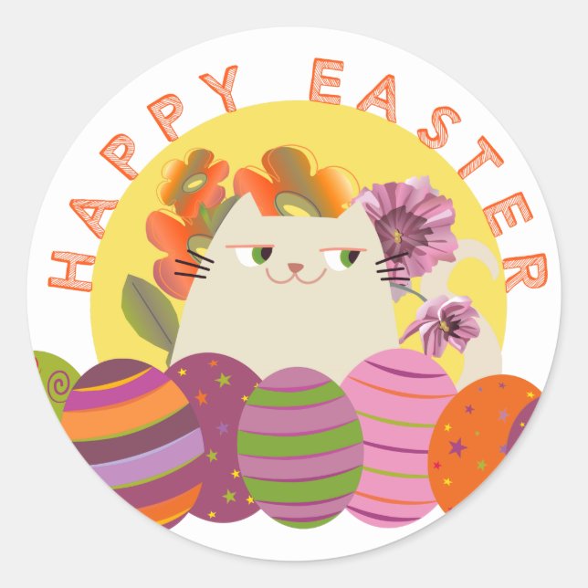 Kawaii Cat Happy Easter Classic Round Sticker (Front)